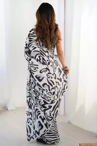 Gorgeous black chinon mirror cut work saree with blouse