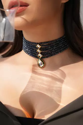 Navy blue beaded choker with kundan centerpiece