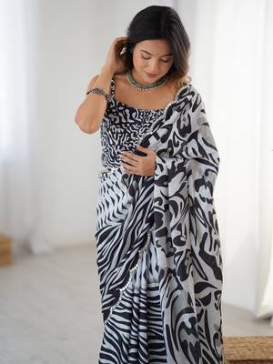 Gorgeous black chinon mirror cut work saree with blouse 5