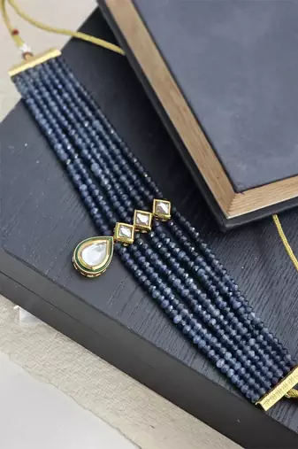Navy blue beaded choker with kundan centerpiece