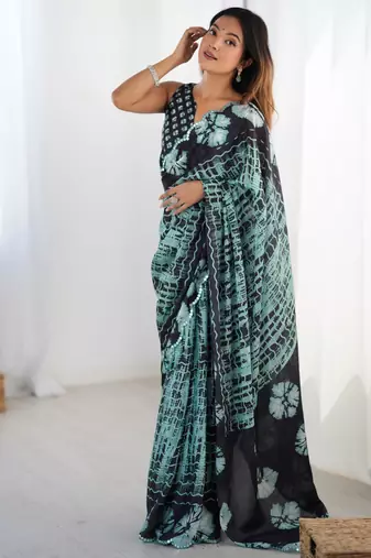 Glamourous black chinon party wear saree with blouse