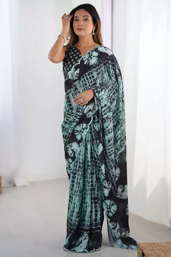 Glamourous black chinon party wear saree with blouse