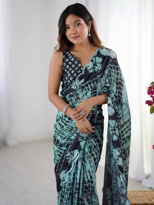 Glamourous black chinon party wear saree with blouse 3