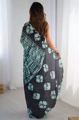 Glamourous black chinon party wear saree with blouse