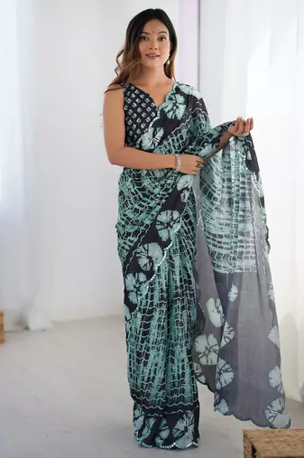 Glamourous black chinon party wear saree with blouse