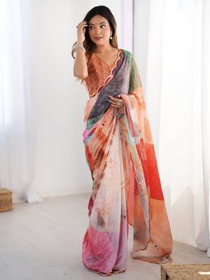 Mesmerizing multi color chinon printed saree with blouse 1