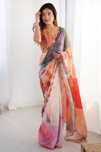 Mesmerizing multi color chinon printed saree with blouse