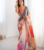 Mesmerizing multi color chinon printed saree with blouse