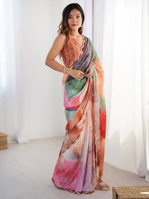 Mesmerizing multi color chinon printed saree with blouse 2