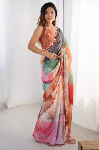 Mesmerizing multi color chinon printed saree with blouse