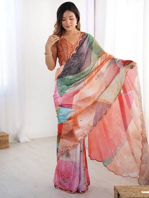 Mesmerizing multi color chinon printed saree with blouse 3
