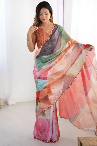 Mesmerizing multi color chinon printed saree with blouse