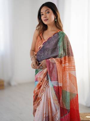 Mesmerizing multi color chinon printed saree with blouse 4