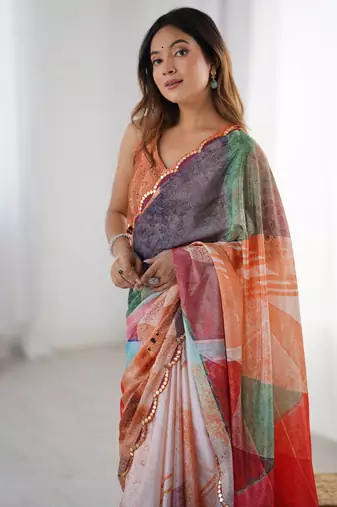 Mesmerizing multi color chinon printed saree with blouse