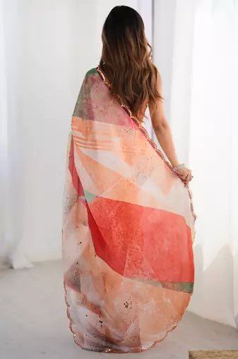 Mesmerizing multi color chinon printed saree with blouse