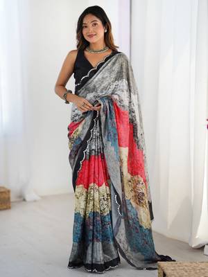 Pretty grey chinon festival wear saree with blouse 1