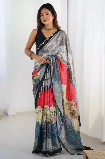 Pretty grey chinon festival wear saree with blouse