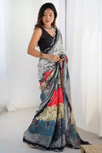 Pretty grey chinon festival wear saree with blouse