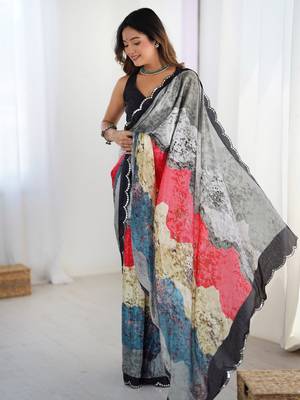 Pretty grey chinon festival wear saree with blouse 3