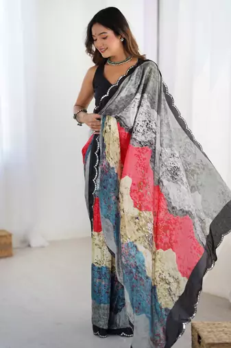 Pretty grey chinon festival wear saree with blouse
