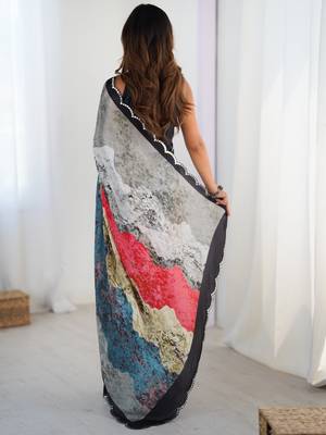 Pretty grey chinon festival wear saree with blouse 4