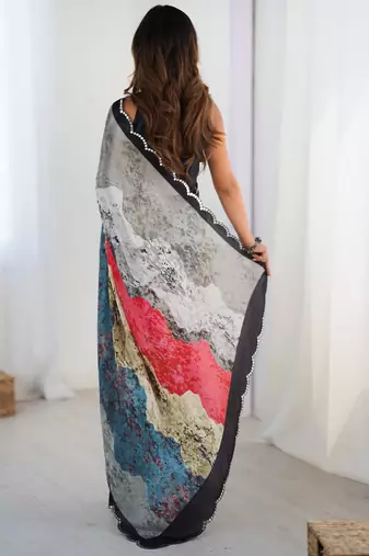 Pretty grey chinon festival wear saree with blouse
