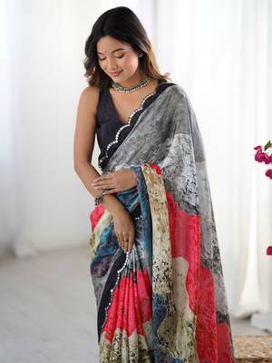 Pretty grey chinon festival wear saree with blouse 5