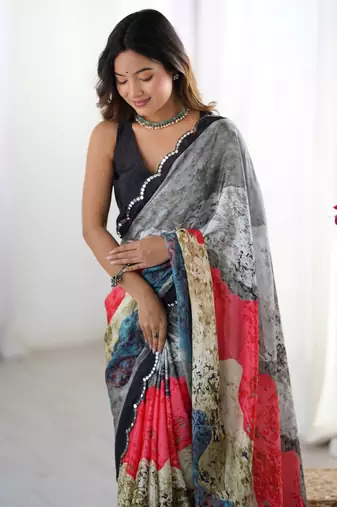 Pretty grey chinon festival wear saree with blouse