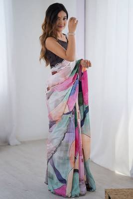 Attractive multi color chinon traditional saree with blouse 3