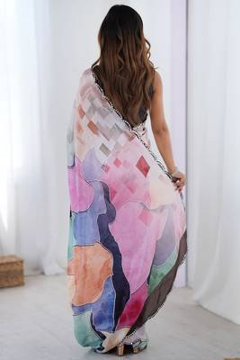 Attractive multi color chinon traditional saree with blouse 5