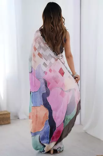 Attractive multi color chinon traditional saree with blouse