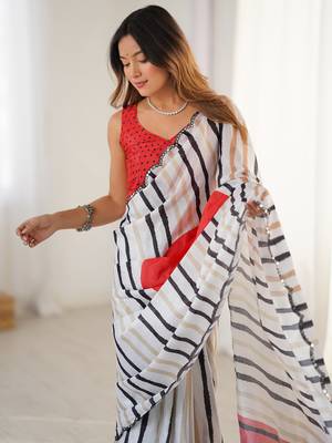 Alluring white digital printed casual wear saree with blouse 5