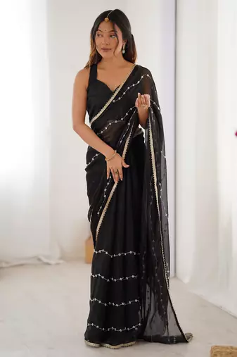 Majestic black chiffon beads work saree with blouse