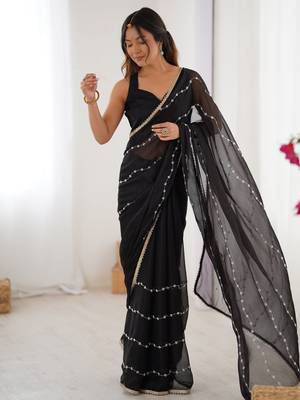 Majestic black chiffon beads work saree with blouse 2