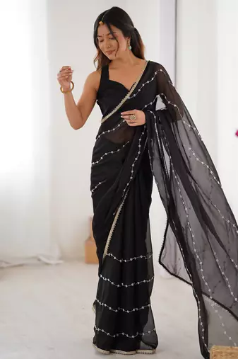 Majestic black chiffon beads work saree with blouse