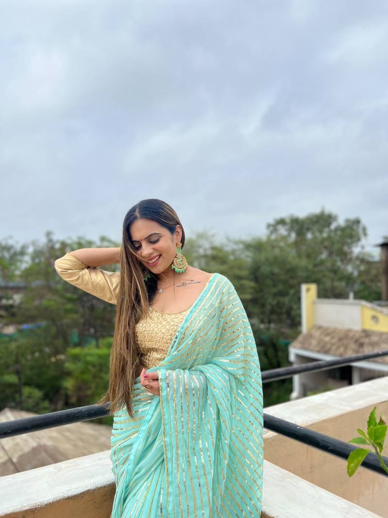 blue Georgette sequin work saree With Blouse Set