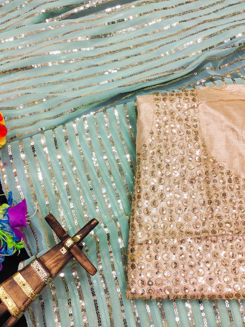 blue Georgette sequin work saree With Blouse Set