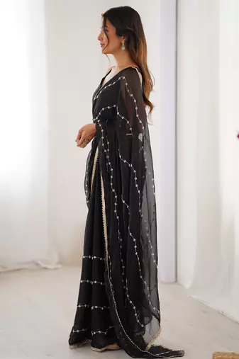 Majestic black chiffon beads work saree with blouse