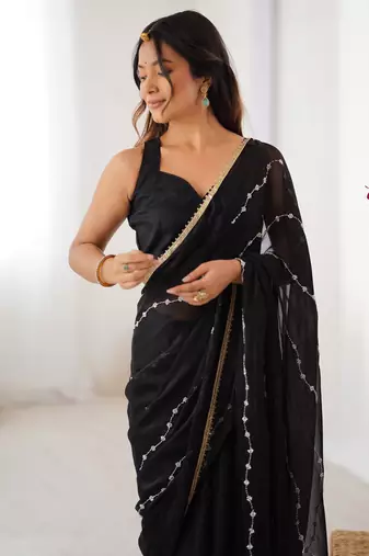 Majestic black chiffon beads work saree with blouse