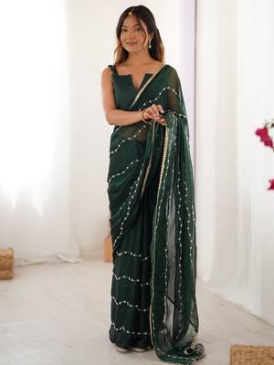 Adorable green sequins designer saree with blouse 1