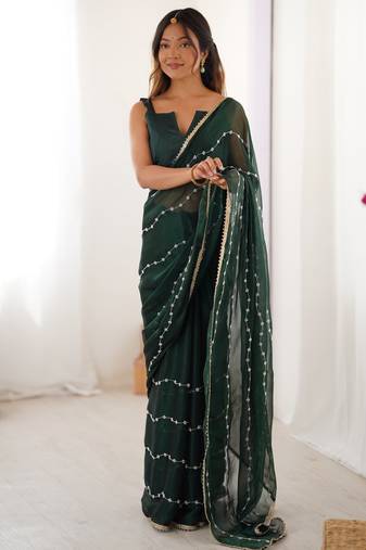 Adorable green sequins designer saree with blouse