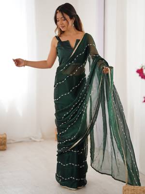 Adorable green sequins designer saree with blouse 2