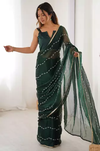 Adorable green sequins designer saree with blouse