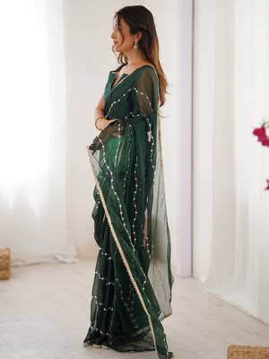 Adorable green sequins designer saree with blouse 3