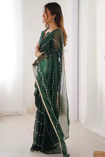 Adorable green sequins designer saree with blouse