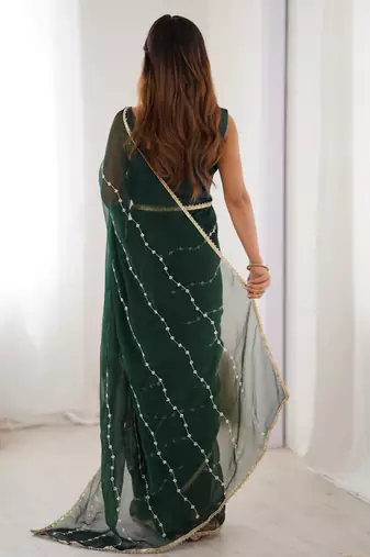 Adorable green sequins designer saree with blouse