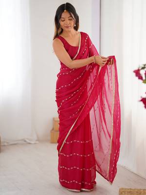 Pretty pink motifs beads party wear saree with blouse 1