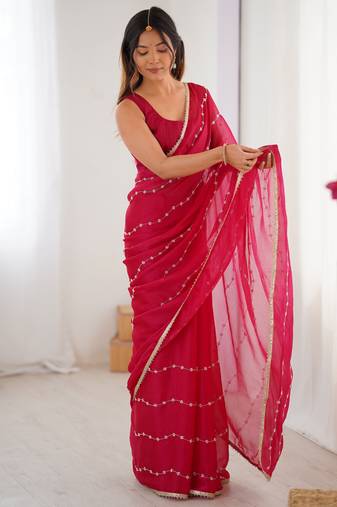 Pretty pink motifs beads party wear saree with blouse