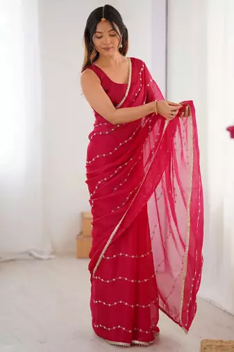 Pretty pink motifs beads party wear saree with blouse
