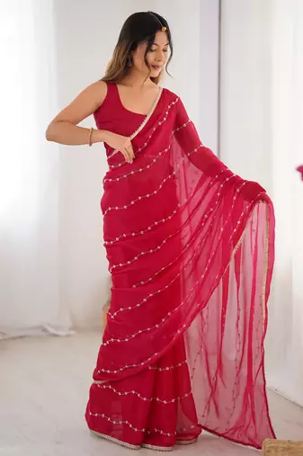 Pretty pink motifs beads party wear saree with blouse